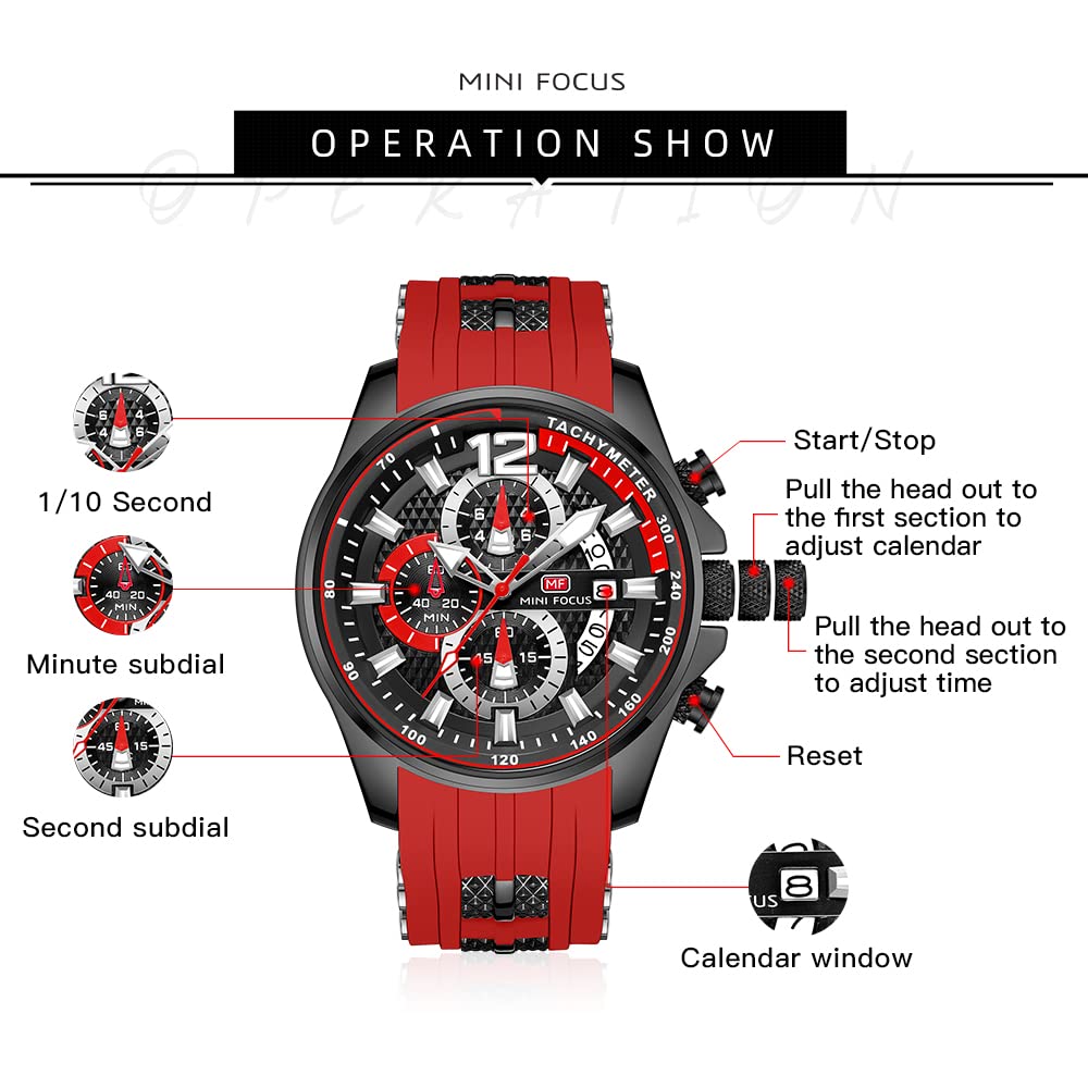 MF MINI FOCUS Men's Red Chronograph Watch | Waterproof & Luminous for Everyday Style - Image 5