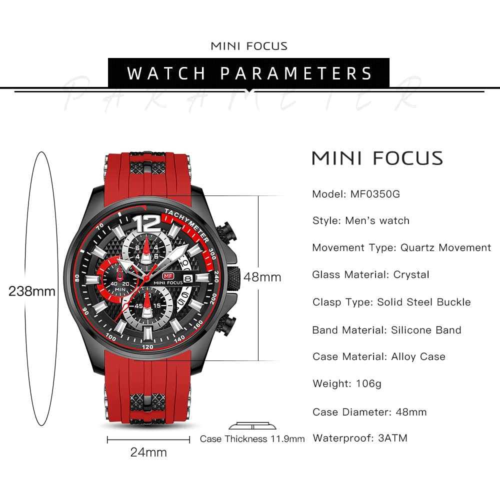 MF MINI FOCUS Men's Red Chronograph Watch | Waterproof & Luminous for Everyday Style - Image 6