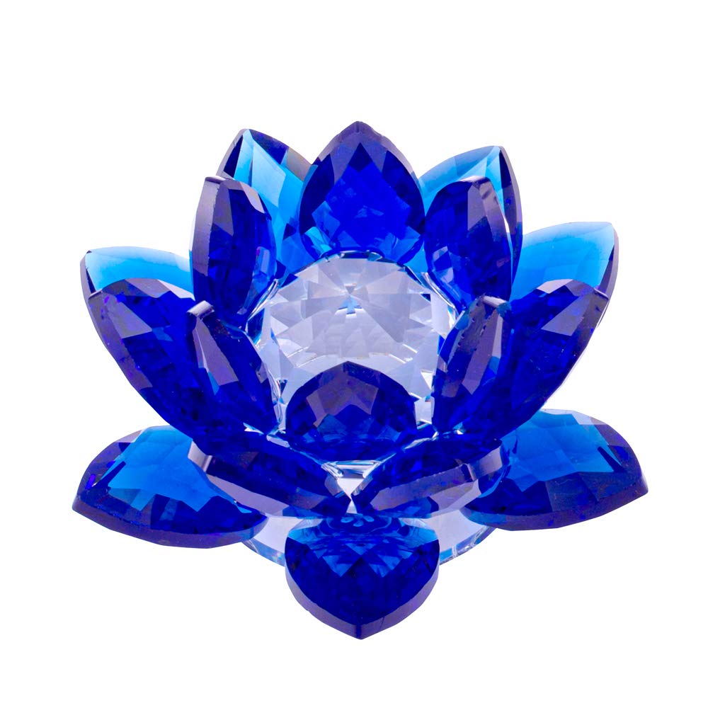 Amlong Crystal 3 Inch Sapphire Blue Crystal Lotus Flower | Enhance Your Home with Feng Shui Elegance