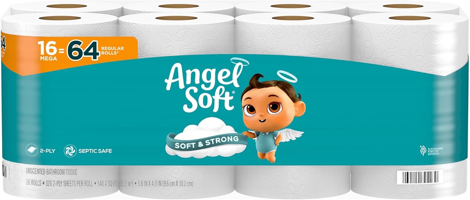 Angel Soft Toilet Paper, 16 Mega Rolls = 64 Regular Rolls, Soft and Strong Toilet Tissue - Image 1