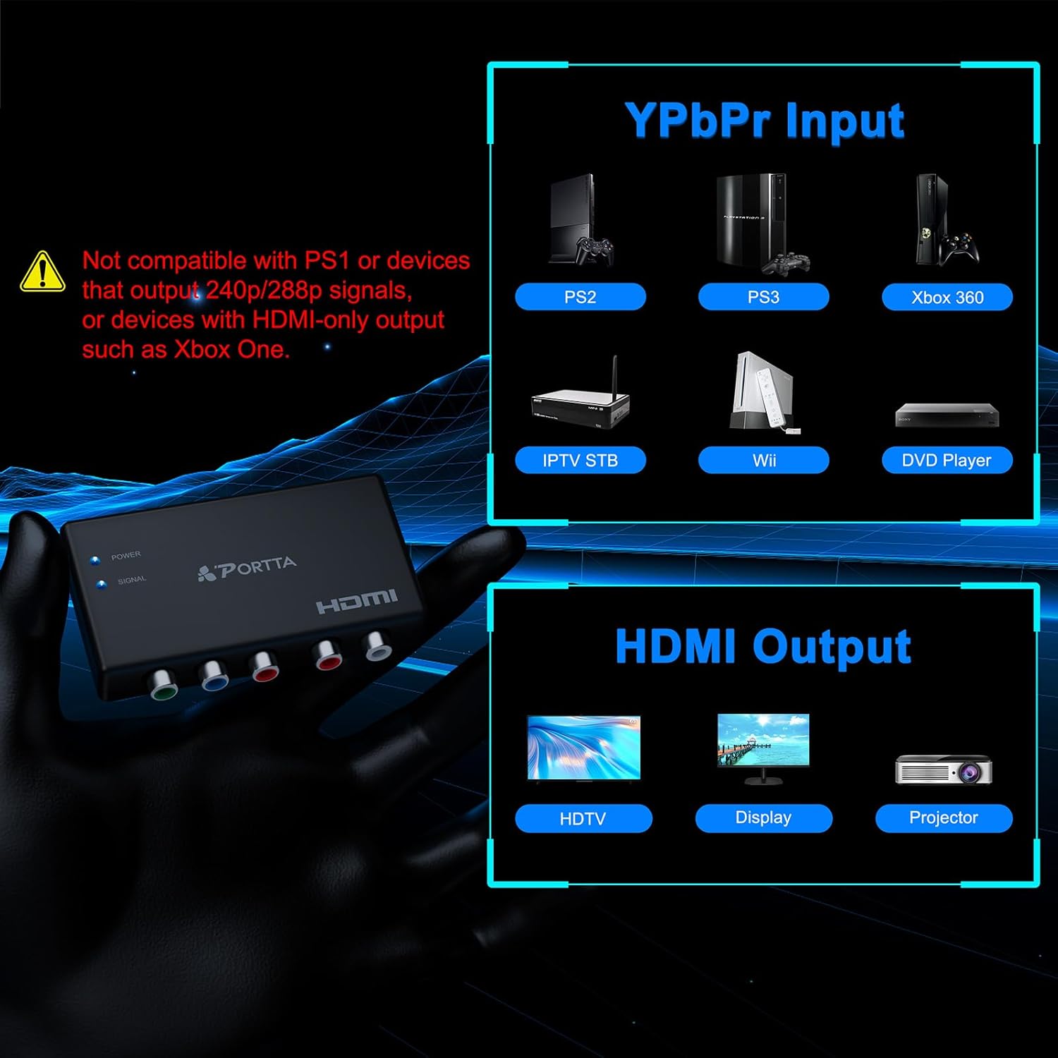 Portta Component to HDMI Converter, YPbPr RGB + R/L Audio to HDMI v1.3 Converter Adapter Support 1080P 2 Channel LPCM for HDTV PS2 PS3 HDVD Player Wii Xbox - Image 6