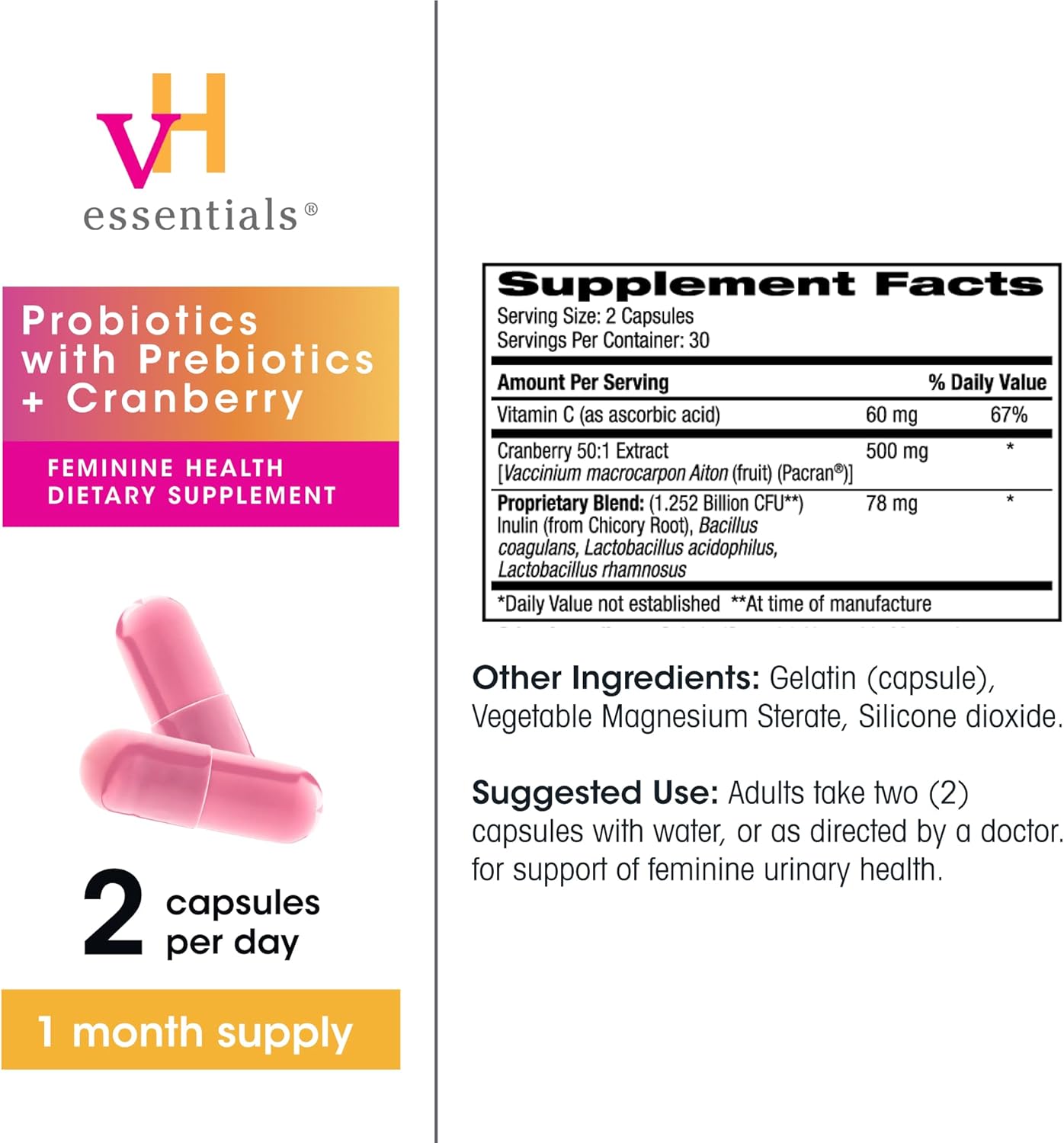 vH Essentials Probiotics for Women with Prebiotics, Cranberry & Vitamin C - 60 Capsules (30 Day Supply) - Women's Probiotics Support Gut Balance, Feminine Health & Urinary Tract Health for Women - Image 5