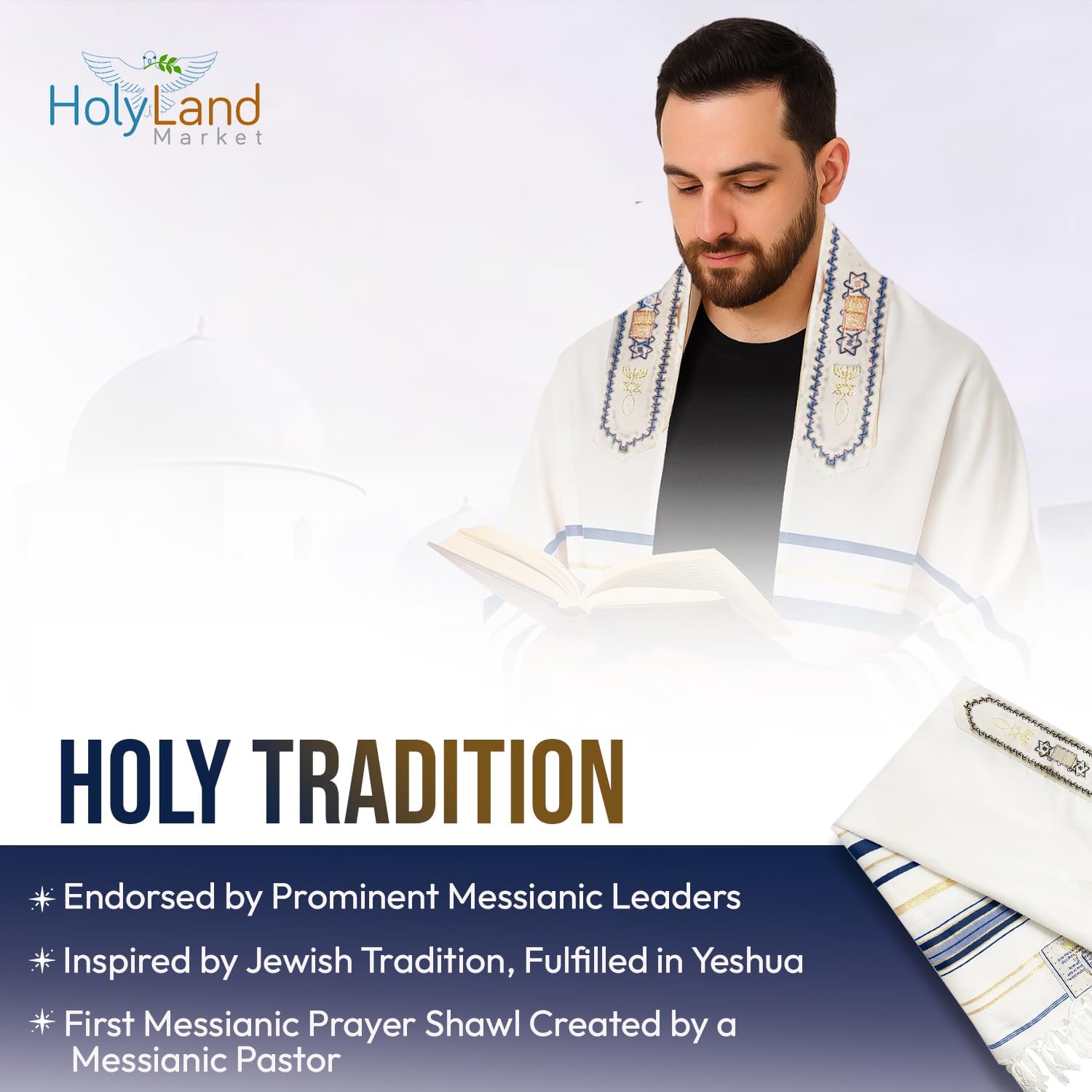 Holy Land Market New Covenant Prayer Shawl, English/Hebrew With Bag, Card and Brochure From Israel (72 x 24 Inch) - Image 4
