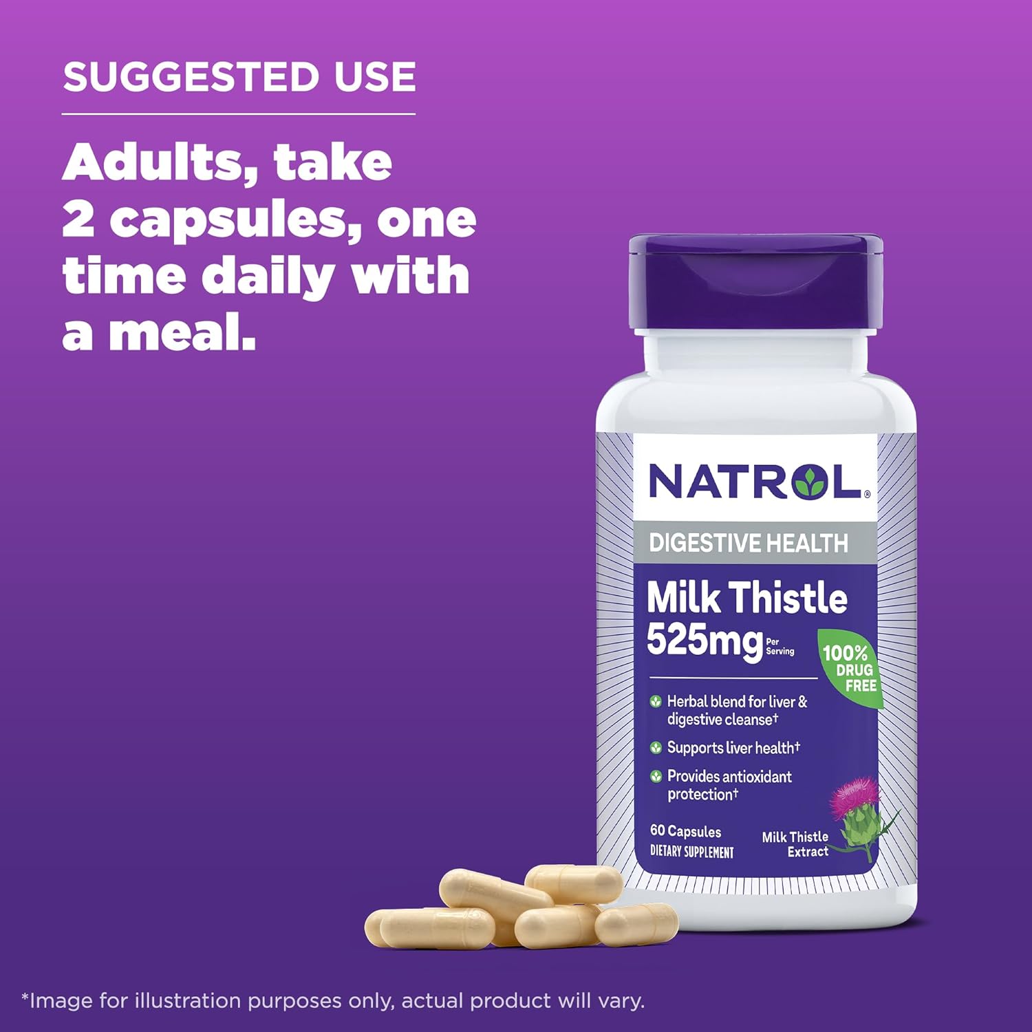 Natrol Milk Thistle 525 mg per Serving, Dietary Supplement for Digestive Health, Milk Thistle Supplement, 60 Capsules, 30 Day Supply - Image 6