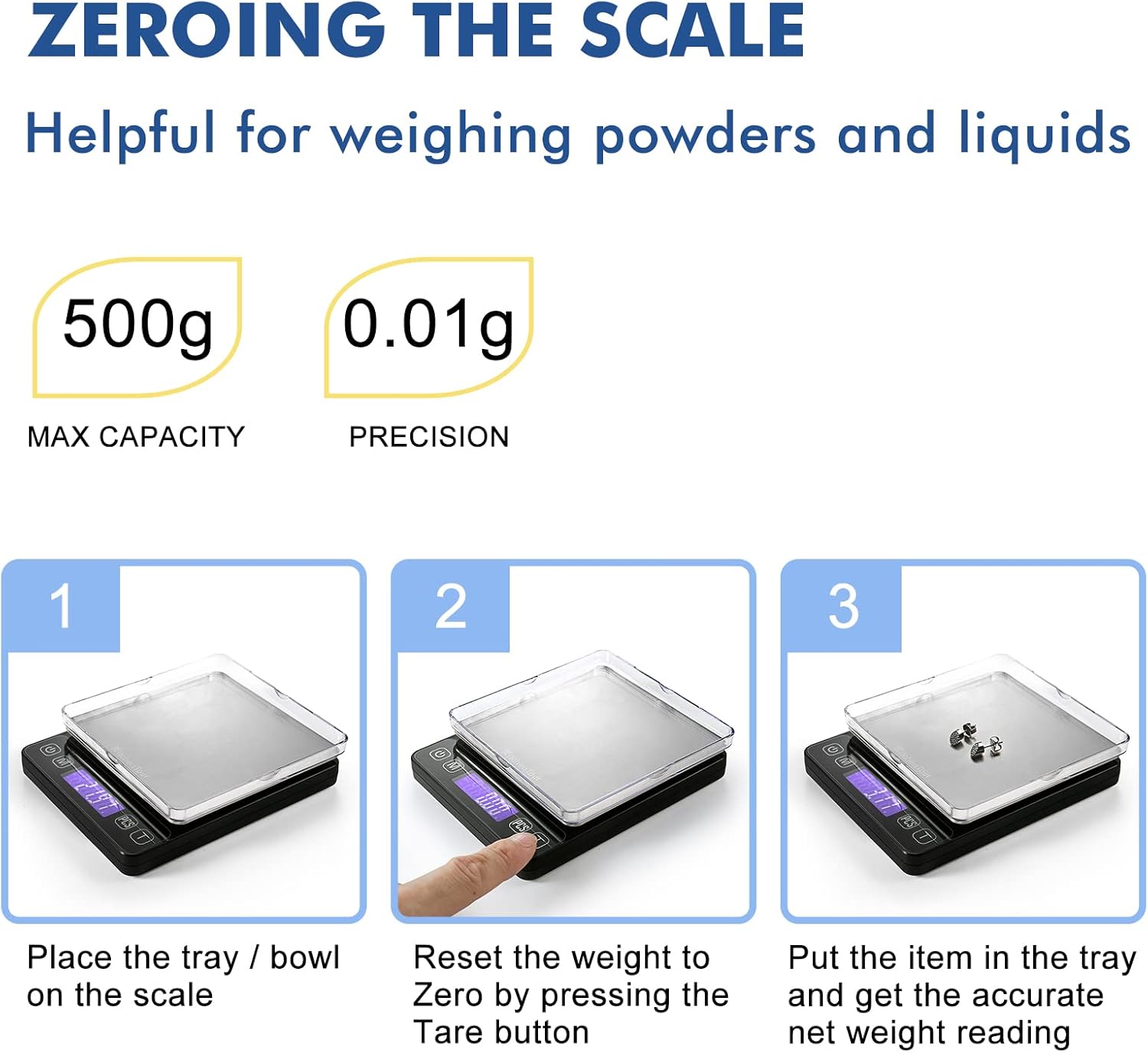KitchenTour Digital Kitchen Scale - 500g/0.01g High Accuracy Precision Multifunction Food Meat Scale Small Scale Jewelry Lab Carat Powder Scale with Back-Lit LCD Display(Batteries Included) - Image 6