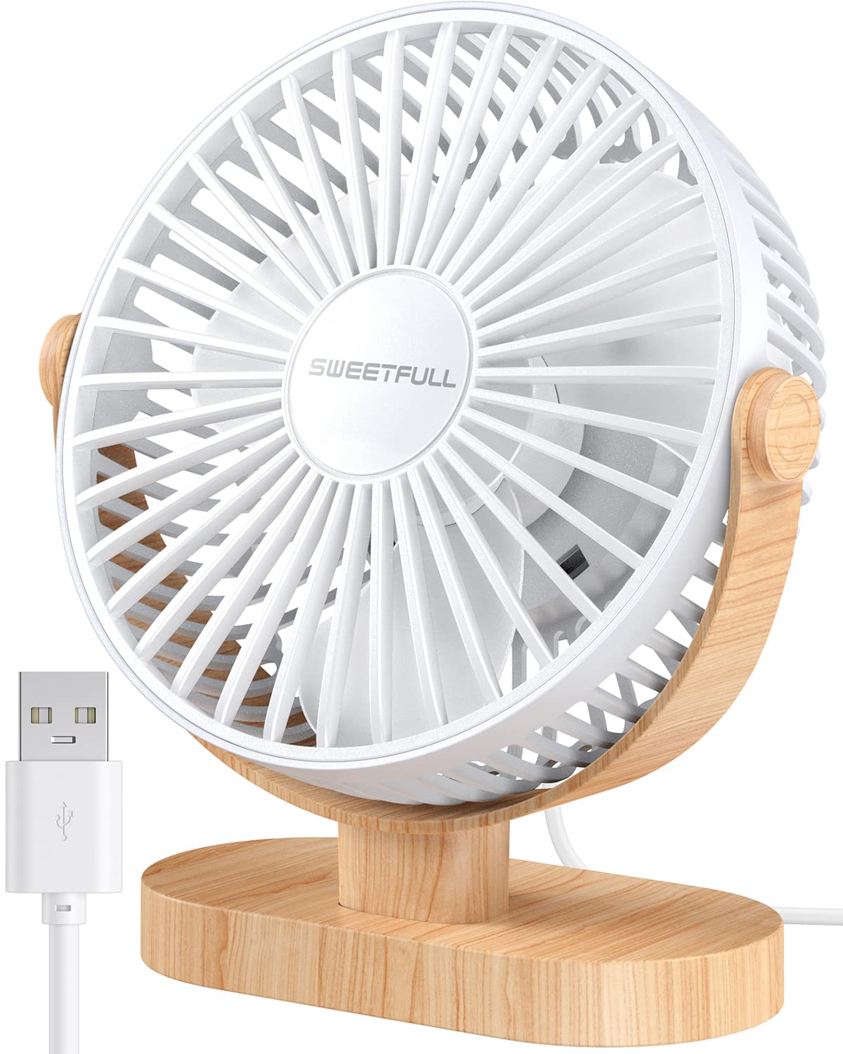 SWEETFULL Small USB Desk Fan 6.5 Inch (White wood grain) | Stay Cool Anywhere