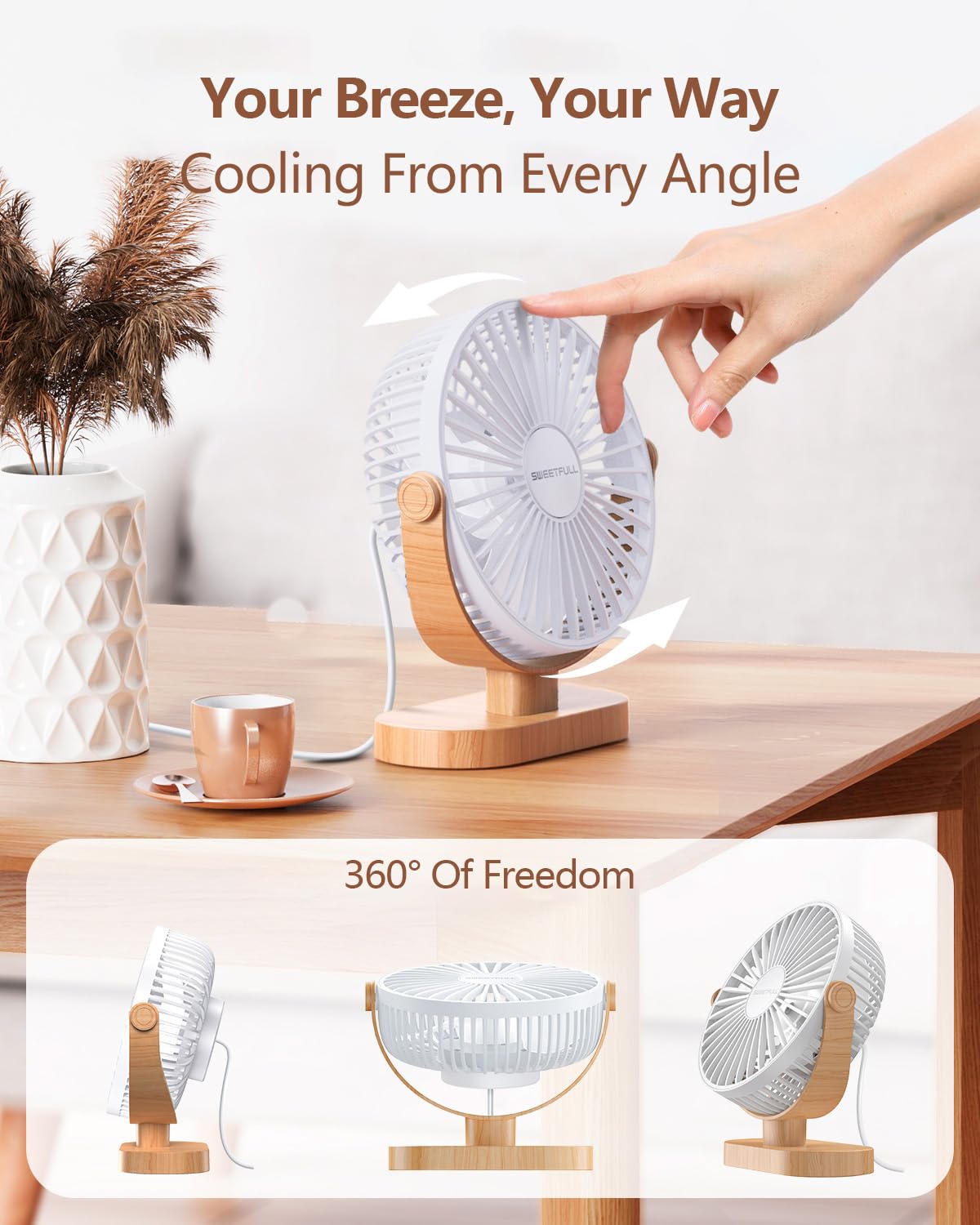 SWEETFULL Small USB Desk Fan 6.5 Inch (White wood grain) | Stay Cool Anywhere - Image 5