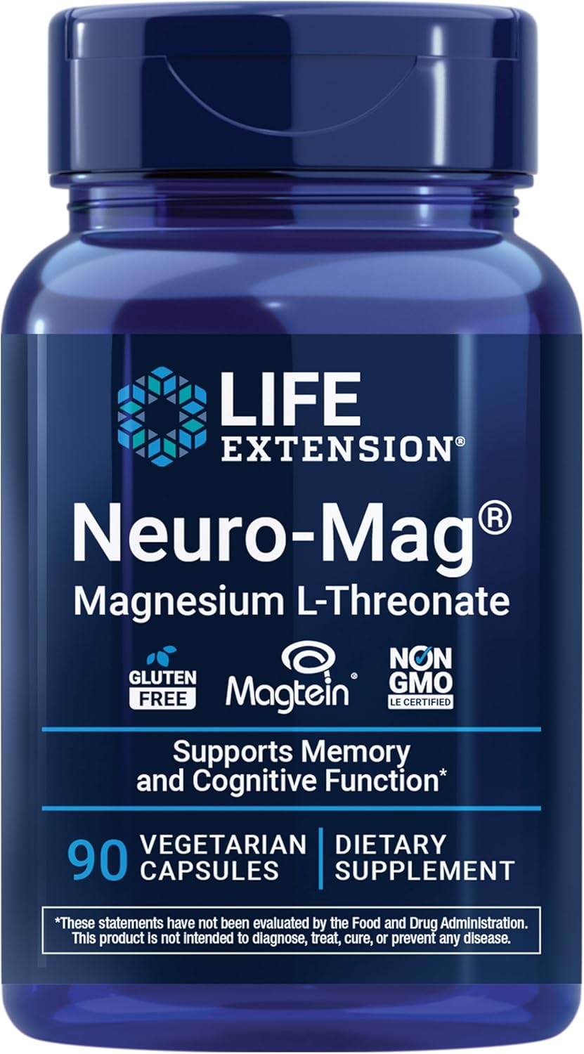 Life Extension Neuro-Mag Magnesium L-Threonate, Memory Health, Quick Thinking, Cognitive Health Support, Vegetarian, Non-GMO, 90 Vegetarian Capsules (144 mg from 2000 mg Magtein magnesium L-threonate - Image 1