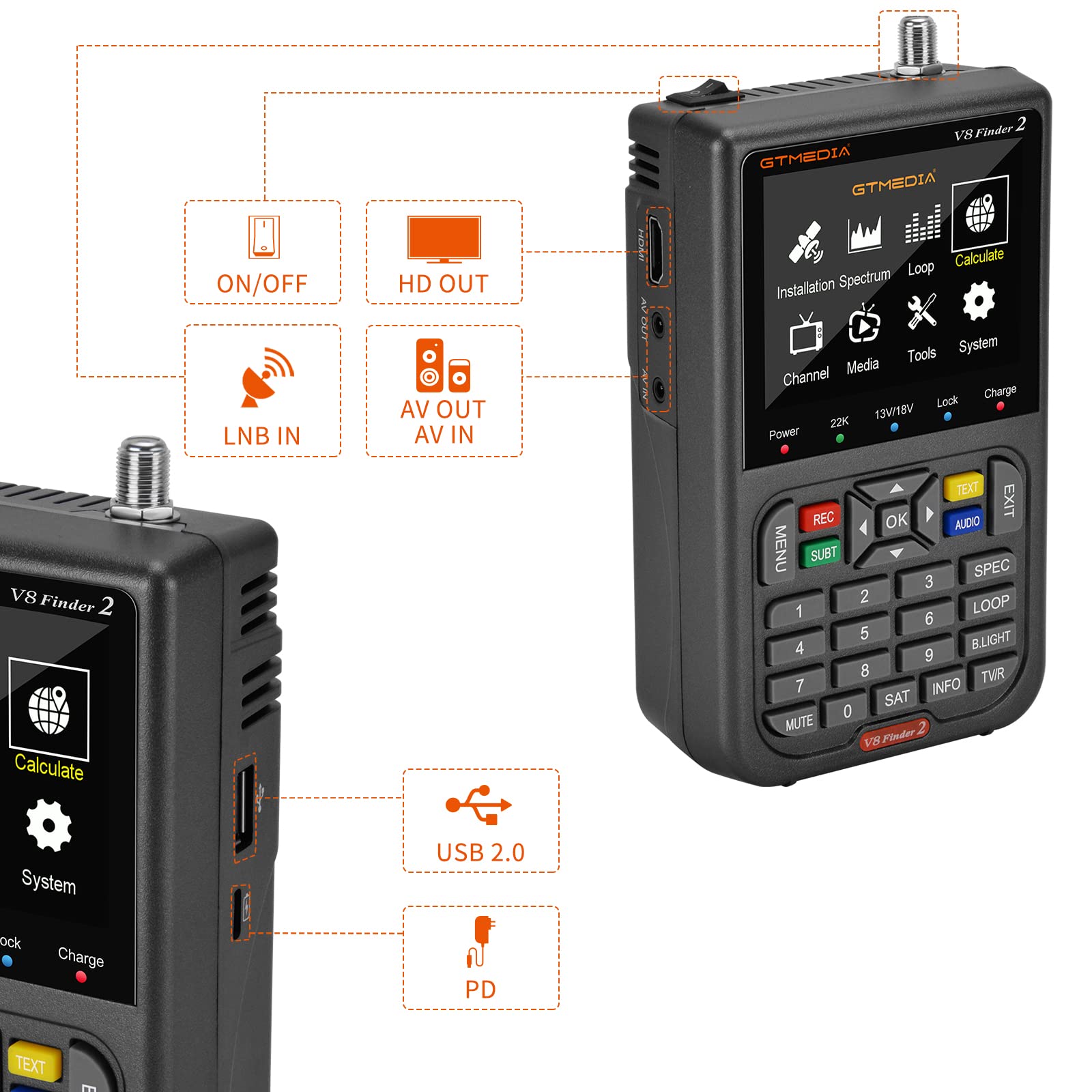 GT MEIDA V8 Finder2 Sat Finder Rilevatori di satellite TV satellitare Singal finder meter digitale Handheld DVB-S/S2/S2X satelite Misuratore riconoscimento H.264 HD Con Display LCD Da 3,5" thumbnail 6