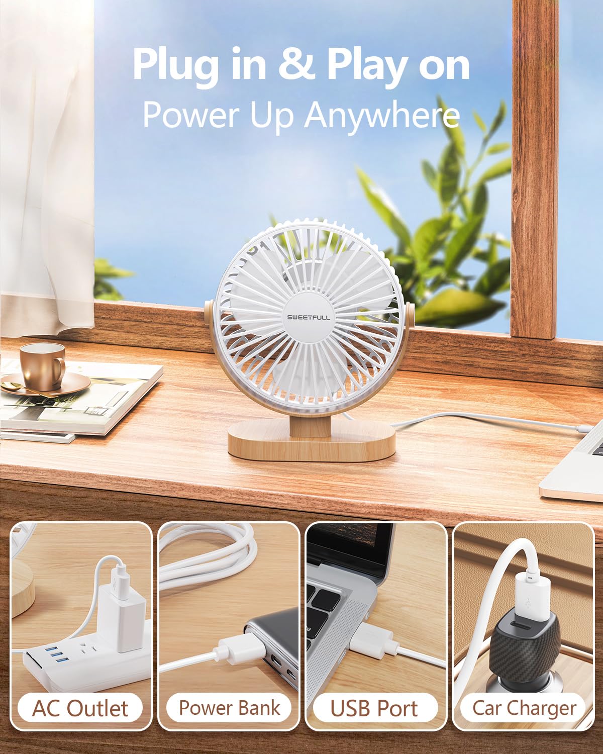 SWEETFULL Small USB Desk Fan 6.5 Inch (White wood grain) | Stay Cool Anywhere - Image 6