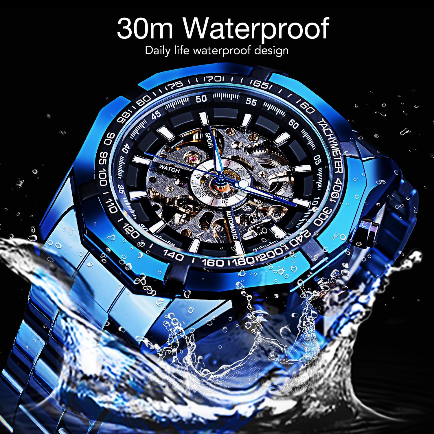 FORSINING Men's Skeleton Automatic Watch | Luxury Blue Black Steel - Image 5