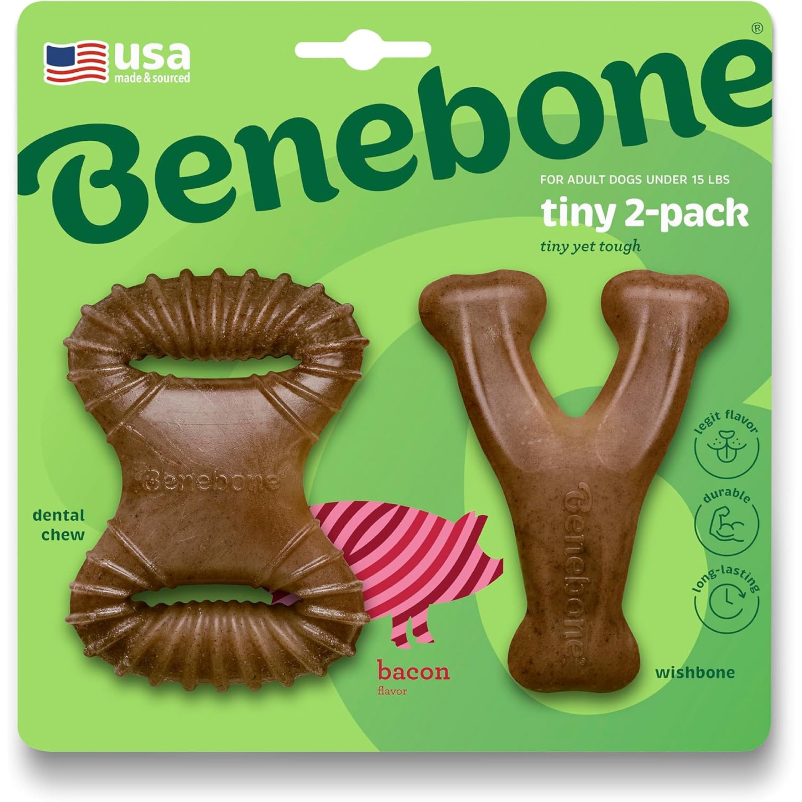 Benebone Tiny 2-Pack Dog Chew Toys, Made in USA, Real Bacon Flavor, Small - Image 1