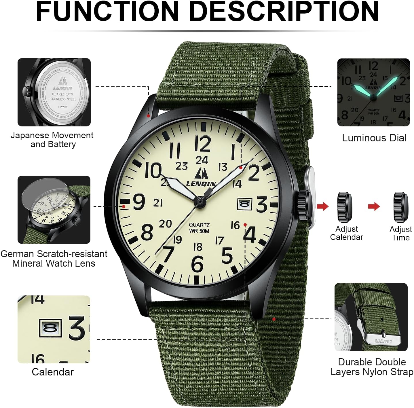 LN LENQIN Mens Watches Unisex Military Sport Nylon Strap Stylish Luminous Fashion Analog Quartz Watch for Men Waterproof Army Tactical Casual Wristwatch - Image 4