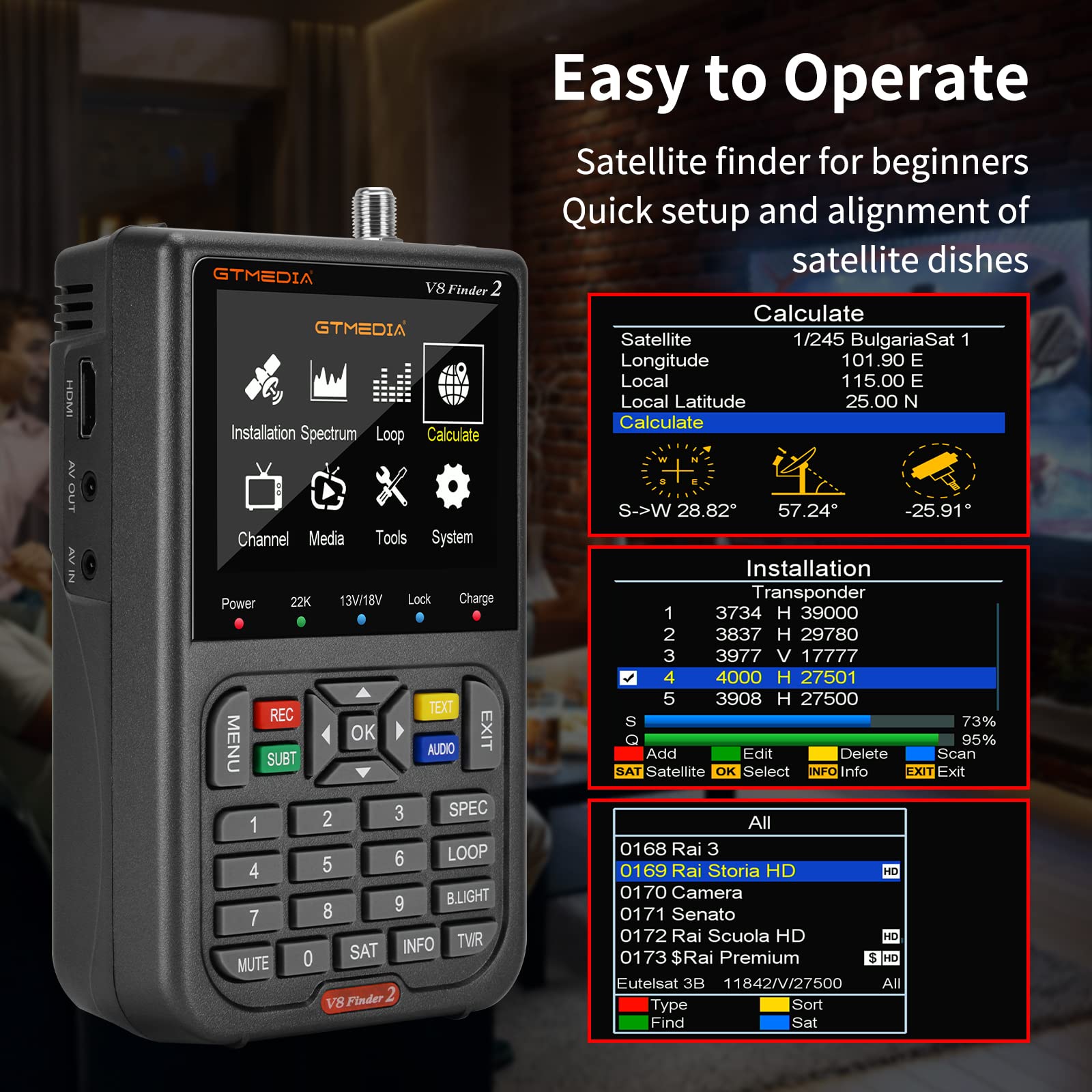 GT MEIDA V8 Finder2 Sat Finder Rilevatori di satellite TV satellitare Singal finder meter digitale Handheld DVB-S/S2/S2X satelite Misuratore riconoscimento H.264 HD Con Display LCD Da 3,5" thumbnail 5