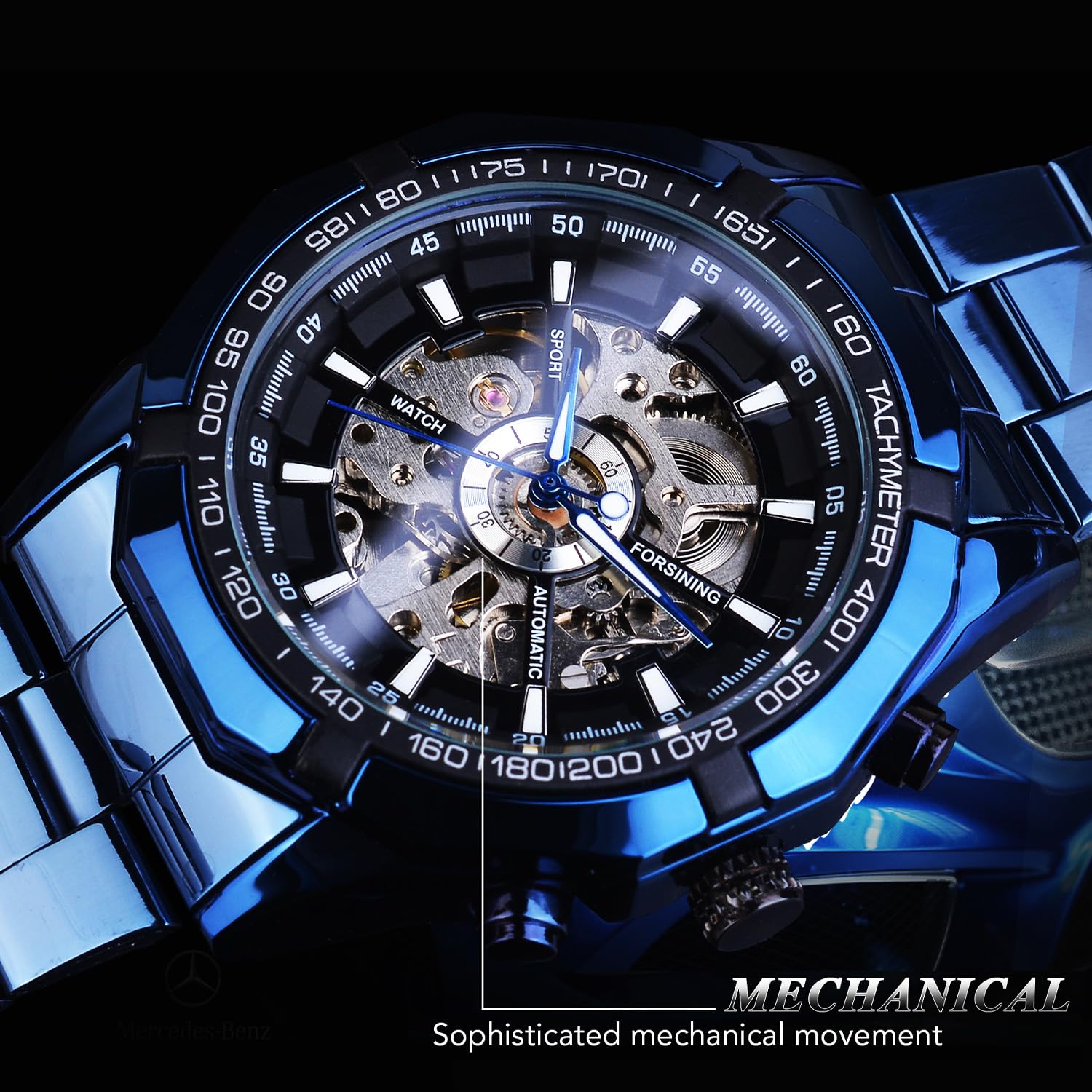 FORSINING Men's Skeleton Automatic Watch | Luxury Blue Black Steel - Image 4