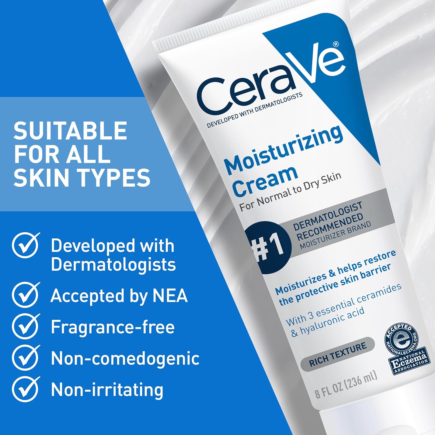 CeraVe Moisturizing Cream, Body and Face Moisturizer for Dry Skin, Body Cream with Hyaluronic Acid and Ceramides, Daily Moisturizer, Oil-Free, Fragrance Free, Non-Comedogenic, 19 Ounce - Image 6