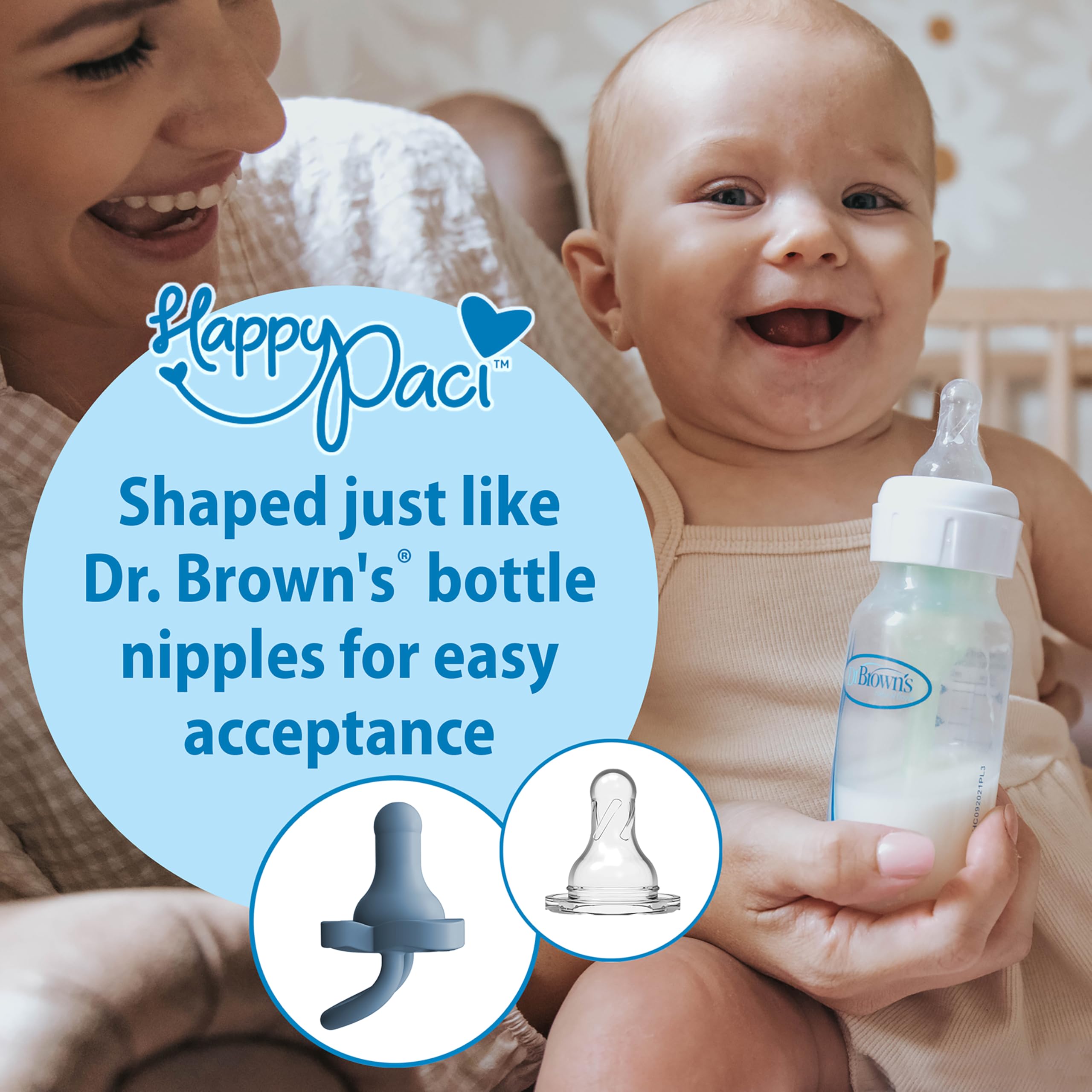 Dr. Brown's HappyPaci - Ciuccio in 100% silicone, 0-6 m, senza BPA, confezione da 3, colore: bianco, blu, azzurro thumbnail 3