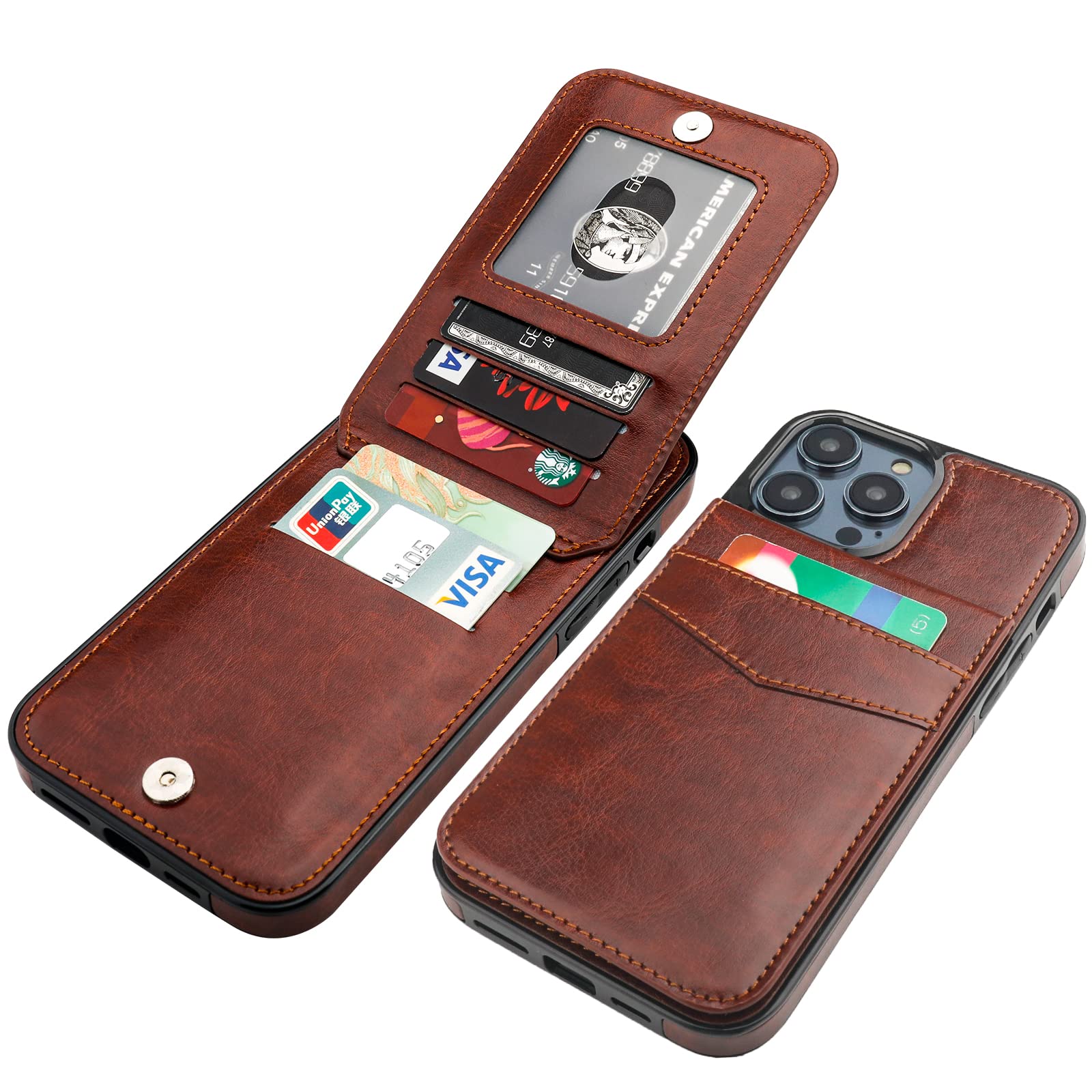 KIHUWEY iPhone 14 Pro Max Wallet Case (Brown) | Secure 5-Card Holder & Premium Leather