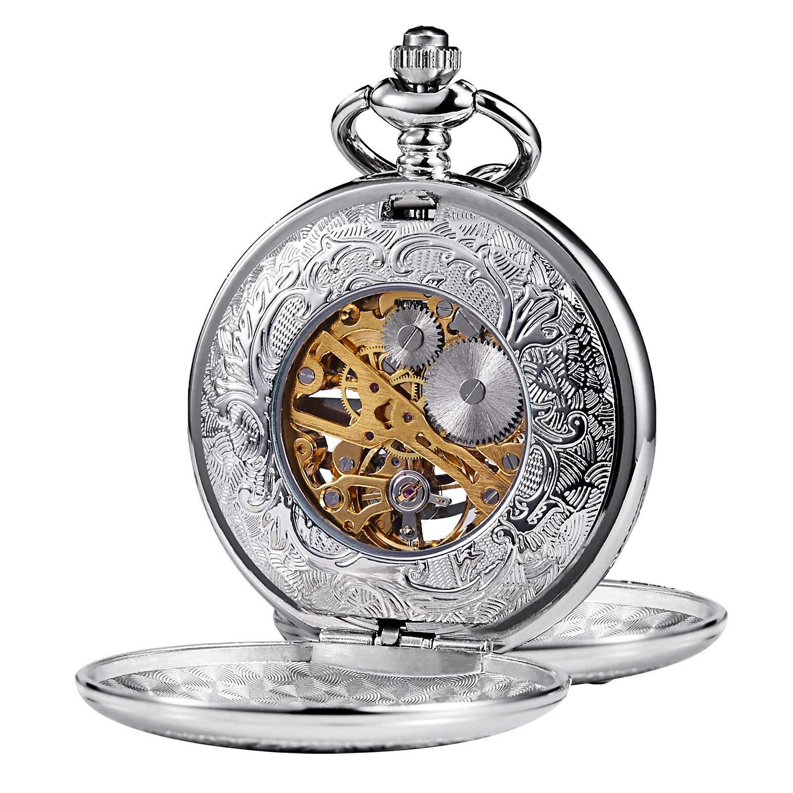 TREEWETO Men's Mechanical Pocket Watch Dream Dragon Skeleton Double Open Silver Case with Chain & Box | Classic Style Gift - Image 5